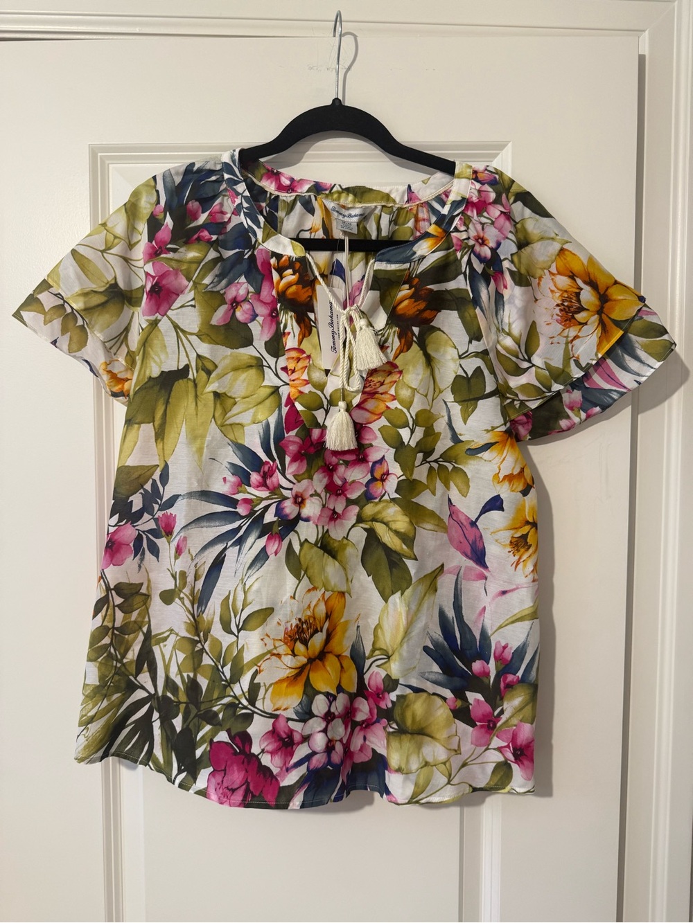 Tommy Bahama White Floral Tassel Tie Blouse